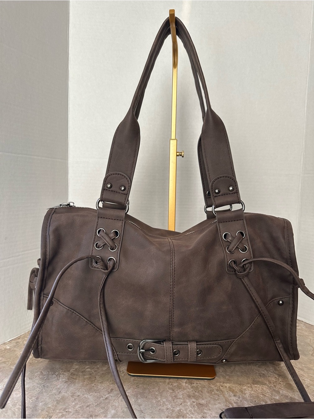 Brown Distressed Faux Suede Shoulder Bag Corset Grommet Grunge Buckle Purse